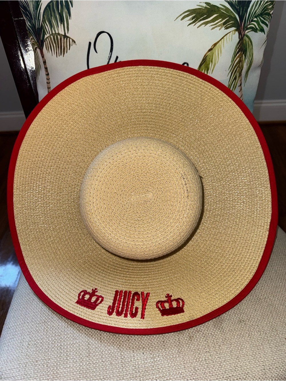 Juicy Couture Natural Tan Red Printed Trim Women'S Embroidered Floppy Beach Hat